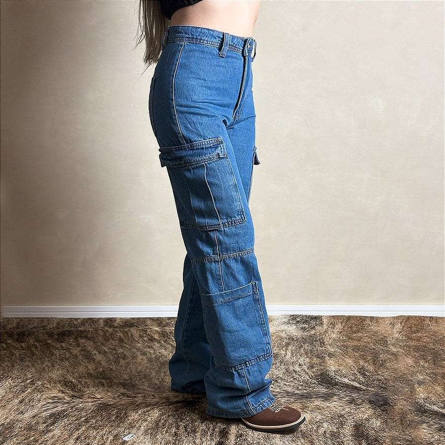 Calça Jeans Feminina Wide Leg Cargo Vibe Bolsos Laterais
