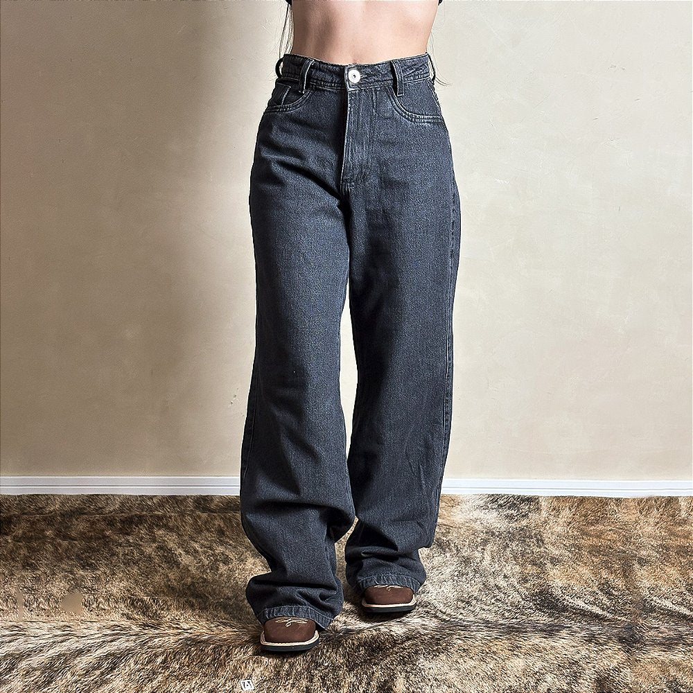Calça Jeans Feminina Escura Cargo Moon Cintura Alta Larga