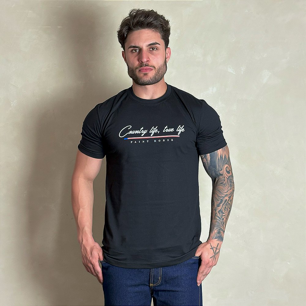 Camiseta Masculina Country Life Preta Algodão Paint Horse