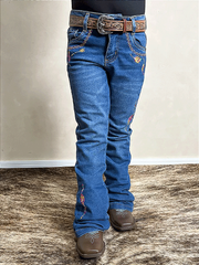Calça Jeans Menina Infantil Bordada Flare Rodeio Texas Farm