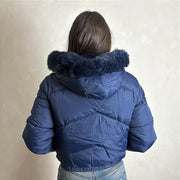Jaqueta Feminina Puffer Estilosa Manga Capuz Removível Azul