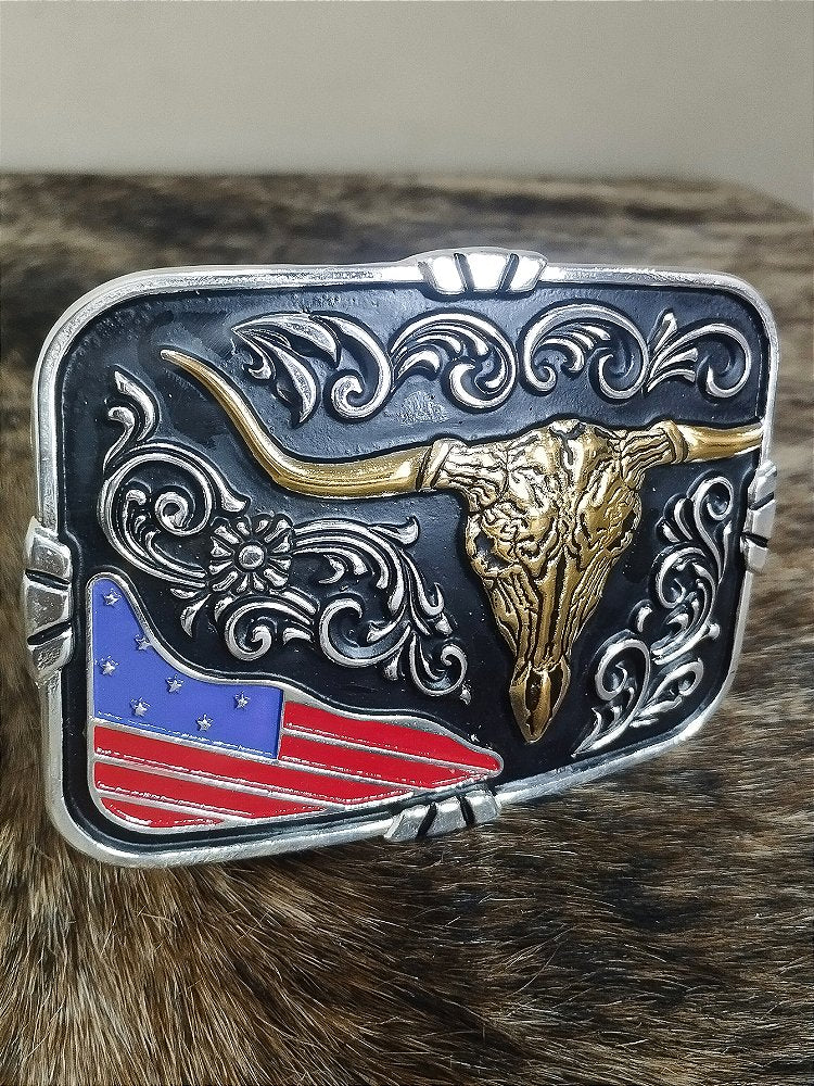 Fivela Long Horn Preta Master Country Cowboy Bandeira USA