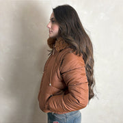 Jaqueta Feminina Puffer Estilosa Manga Removível Top Marrom