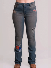 Calça Jeans Feminina Country Flare Bordada Rodeio Texas Farm