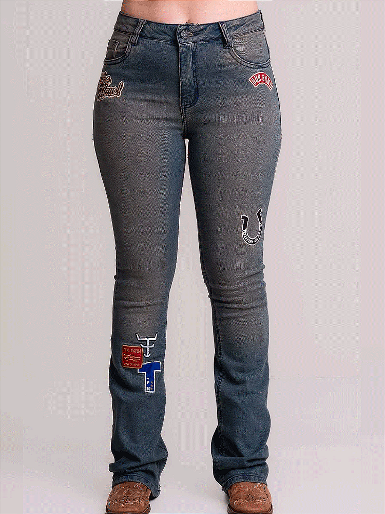 Calça Jeans Feminina Country Flare Bordada Rodeio Texas Farm