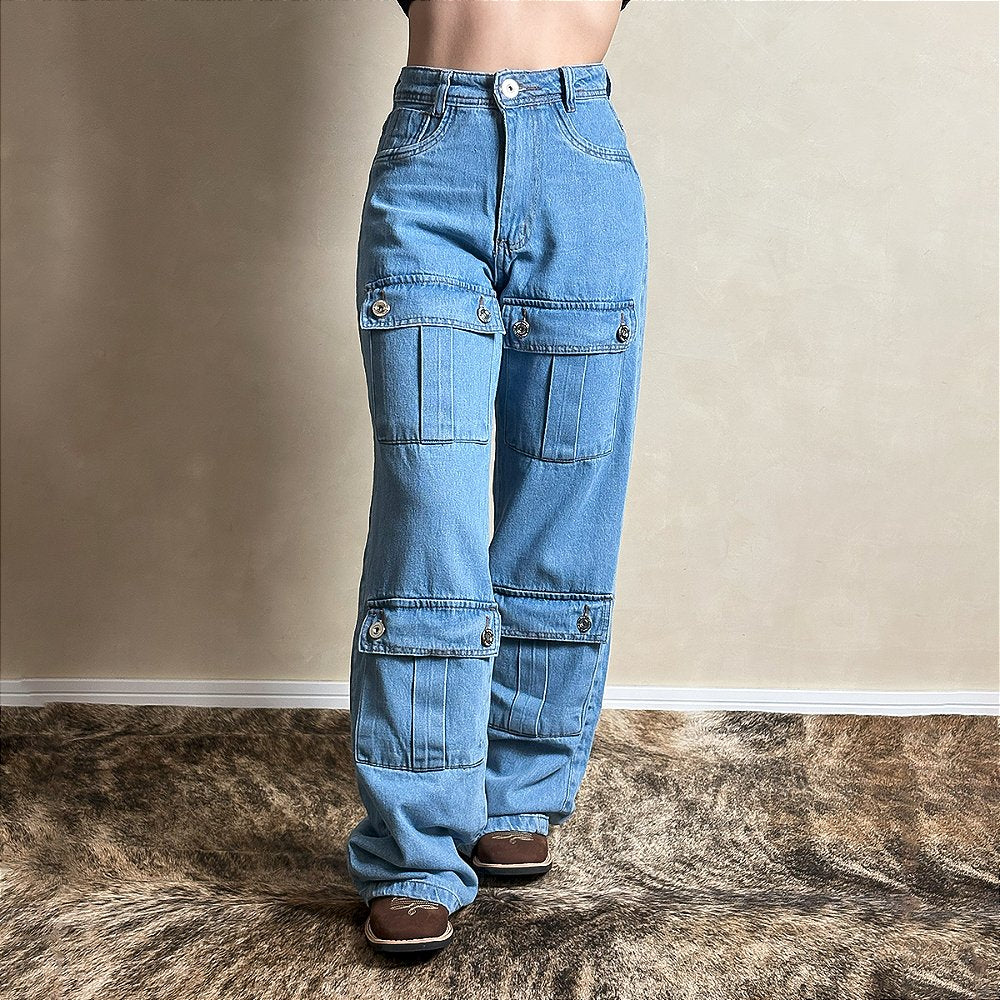 Calça Jeans Feminina Cargo Bolsos Frontais Pandora Wide Leg
