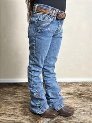 Calça Jeans Menina Infantil Bordada Flare Rodeio Texas Farm