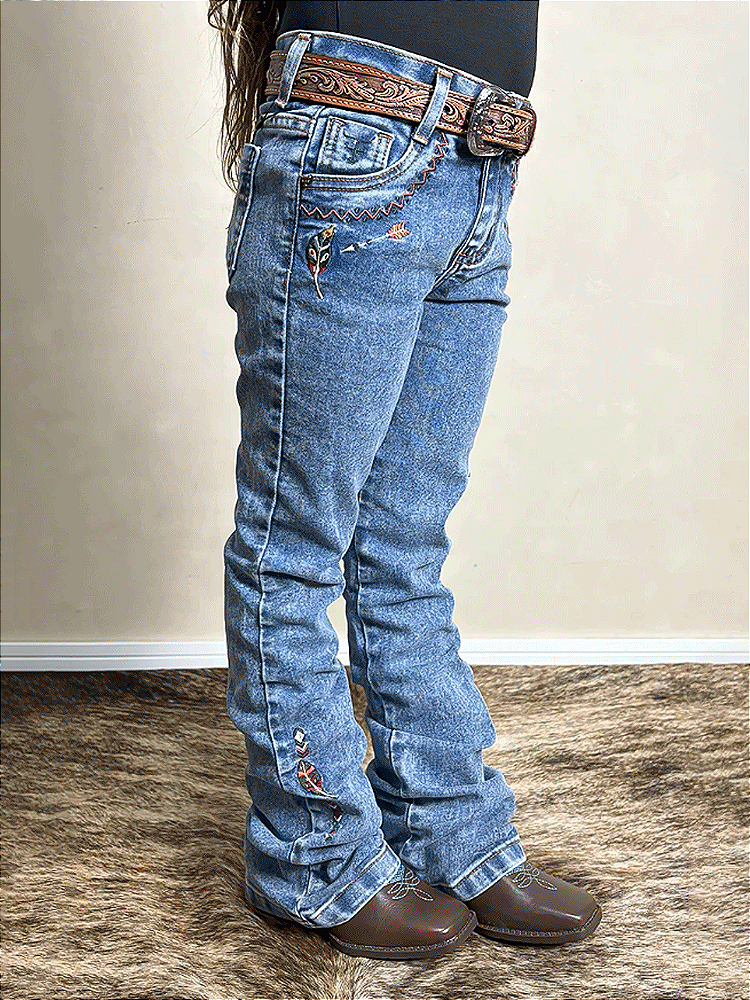 Calça Jeans Menina Infantil Bordada Flare Rodeio Texas Farm