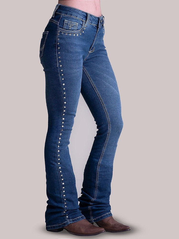 Calça Jeans Feminina Texas Farm Bordada Tradicional Flare