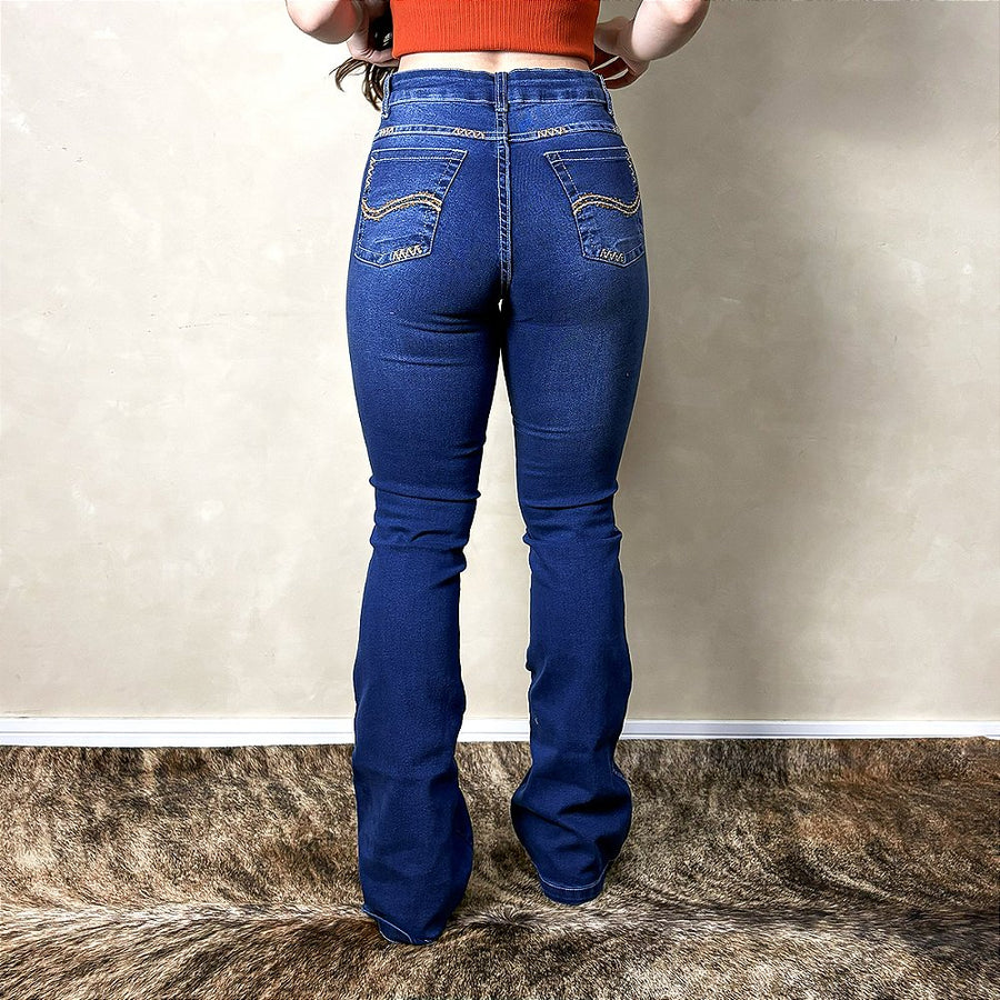 Calça Jeans Feminina Flare West Country Escura Bordada Agro