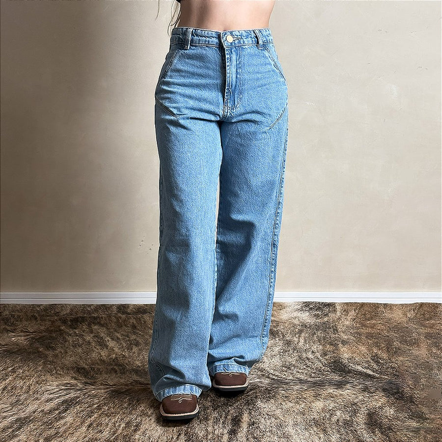 Calça Jeans Feminina Wide Leg Luna Larga Lisa Cintura Alta