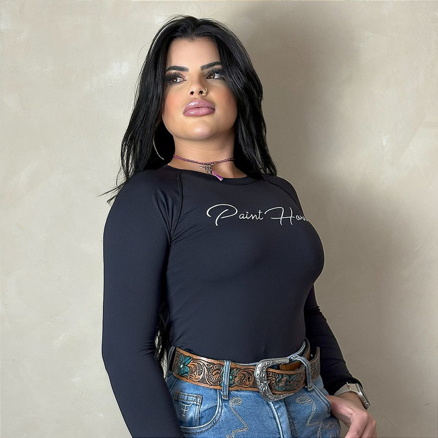 Camisa Country Proteção UV Feminina Farm Manga Longa Preta