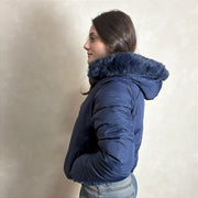 Jaqueta Feminina Puffer Estilosa Manga Capuz Removível Azul
