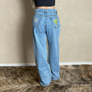 Calça Jeans Country Feminina Wide Leg Estampada Cargo Paint