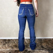 Calça Jeans Feminina Flare West Country Escura Flor Bordada