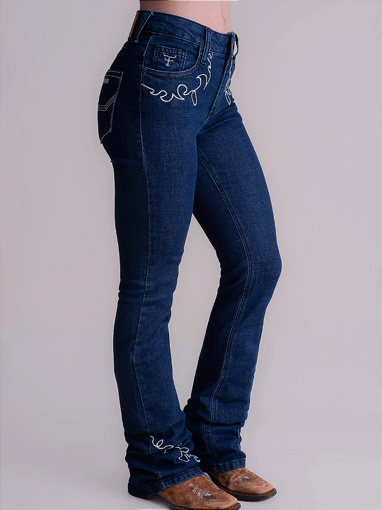 Calça Jeans Country Feminina Bordada Flare Barra Larga Agro