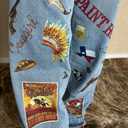 Calça Jeans Country Feminina Wide Leg Estampada Cargo Paint