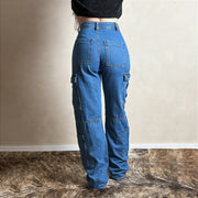 Calça Jeans Feminina Wide Leg Cargo Vibe Bolsos Laterais
