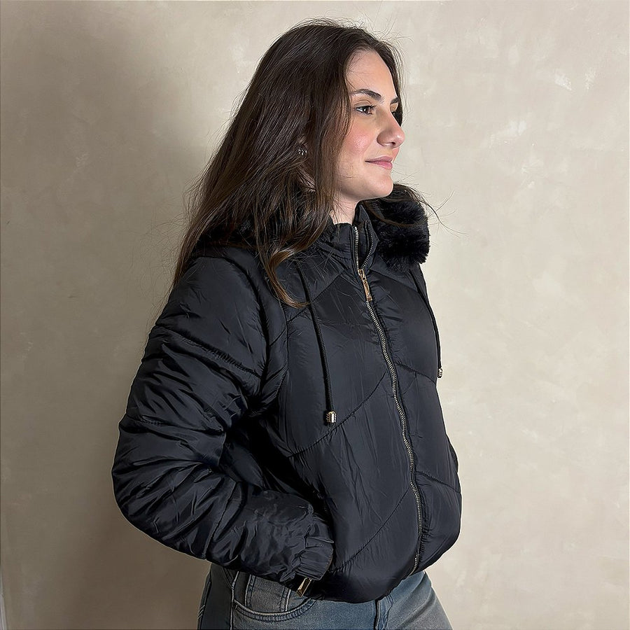 Jaqueta Feminina Puffer Nylon Manga Removível Bomber Preto