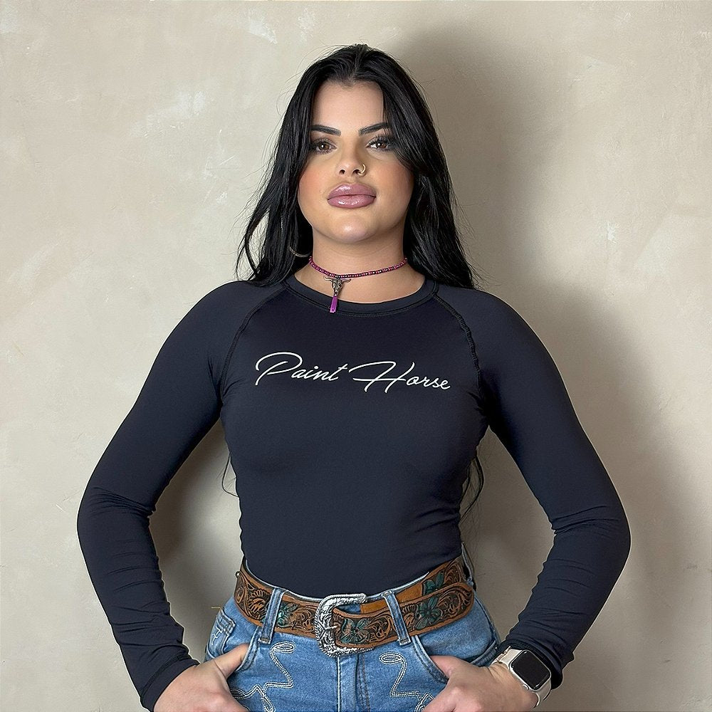 Camisa Country Proteção UV Feminina Farm Manga Longa Preta