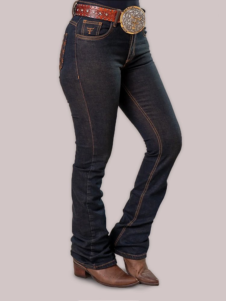 Calça Jeans Feminina Texas Farm Barra Larga Preta Bordada