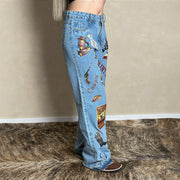 Calça Jeans Country Feminina Wide Leg Estampada Cargo Paint