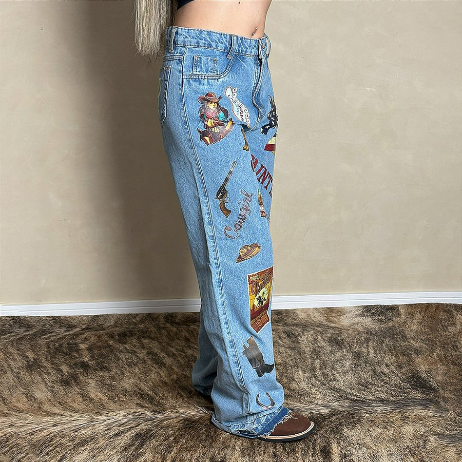 Calça Jeans Country Feminina Wide Leg Estampada Cargo Paint